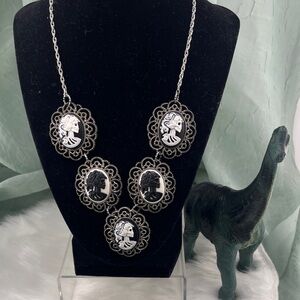 Patina Silverish Five Gothic Cameo Pendant Necklace in White and Black